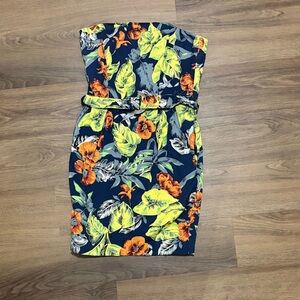 French Connection Strapless Dress in Navy with Orange and Green Floral